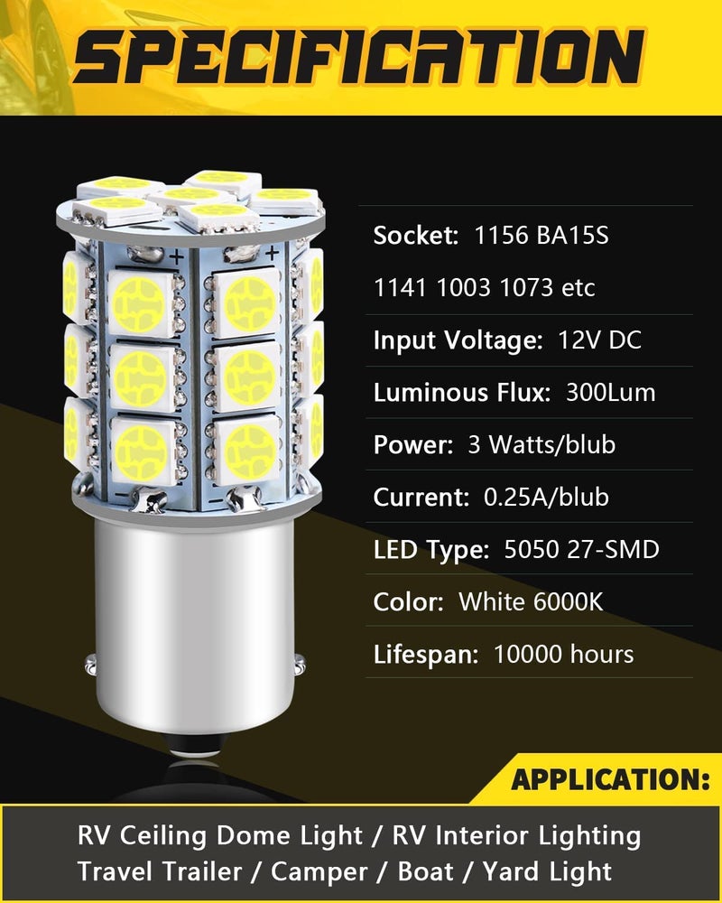 Qoope 1156 1141 BA15S 1003 1073 7506 LED Bulbs White 5050 27-SMD Replacement Lamps for 12V RV Ceiling Dome Light/RV Interior Lighting Travel Trailer/Camper/Boat/Yard Light - Pack of 10 - Image 2